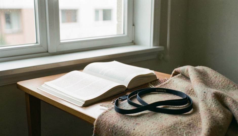 A desk under a window with an open rulebook, a stack of printed regulations and a coiled lanyard resting on a wool blanket