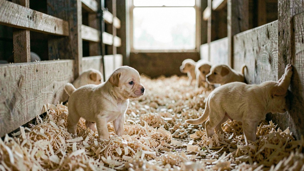 Six week old yellow puppies on clean shavings in a barn aisle, one pup standing at the rail and looking out into the daylight