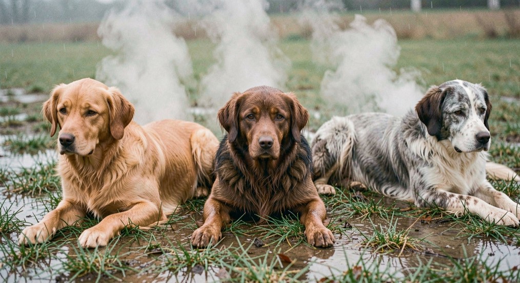 Three retrievers of different coat types resting side by side on wet grass after work, steam rising from their backs in cold air