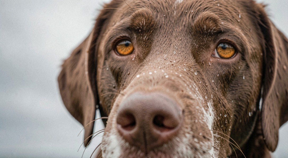Close view of a Chesapeake Bay retriever amber eye and wet muzzle, lashes beaded with water and a blurred gray sky behind the head