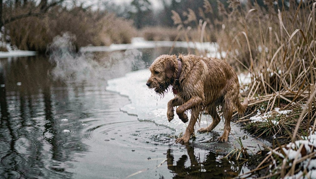 A wet retriever shaking on the edge of a dark pond in November, breath visible in the air and skim ice along the reeds