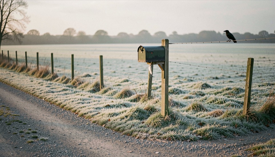 An empty wooden mailbox post at the end of a gravel drive, morning frost lying on the field behind and one crow on the wire