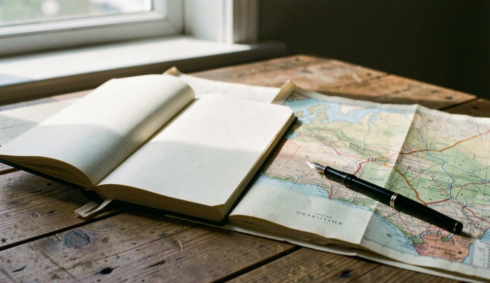An open ledger and a fountain pen resting on a plank desk beside a folded paper map, low window light across the ruled pages