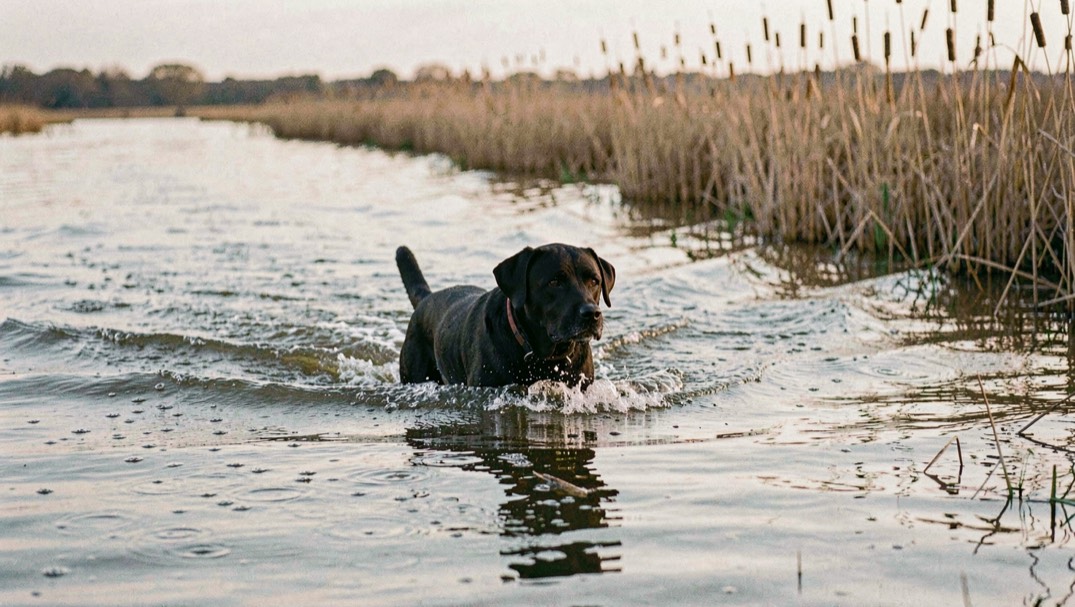 A black Labrador driving through shallow marsh water at first light, a wide wake spreading behind it and dead cattails leaning on the far bank