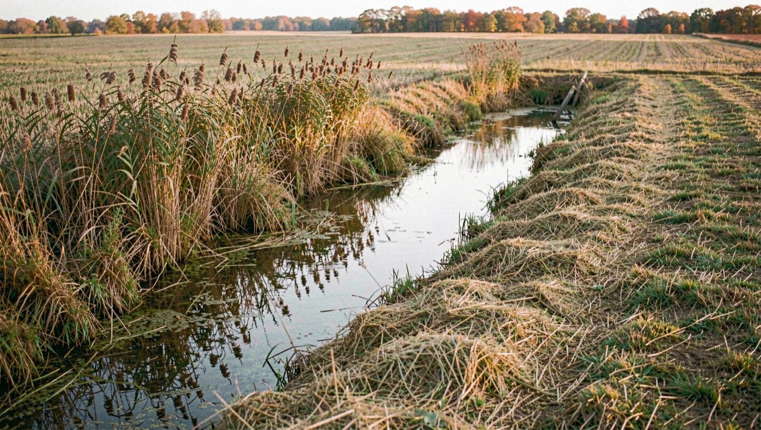 A shallow training pond cut into a hayfield, cattails along one bank and mown lanes running down to the water in low autumn light