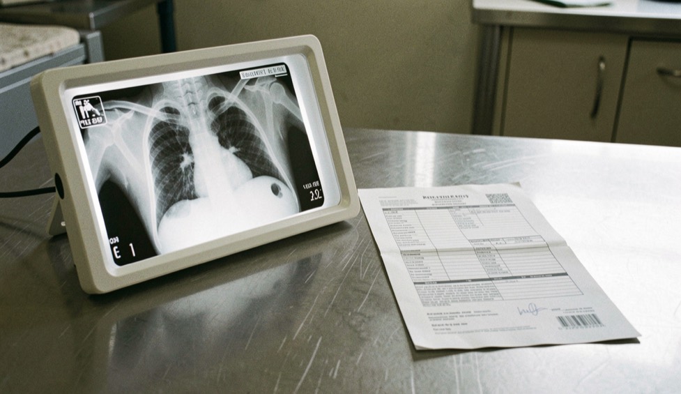 A veterinary radiograph clipped to a lightbox next to a folded pedigree form lying on a stainless steel table