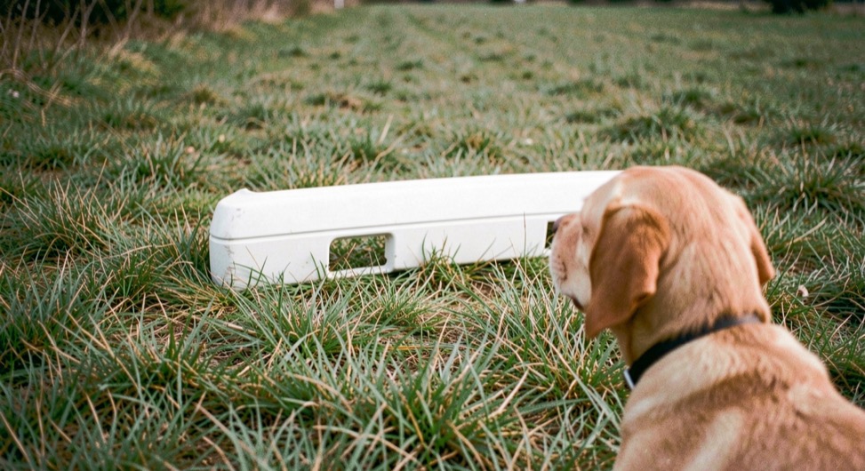 A white bumper lying in short cover fifty paces out, a retriever head turning toward it from the foreground grass