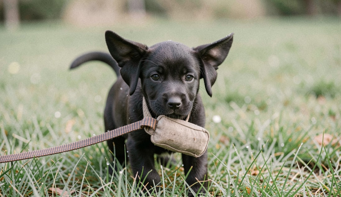 An eight week old black Labrador puppy carrying a small canvas bumper across cut grass, ears flying and dew still on the blades