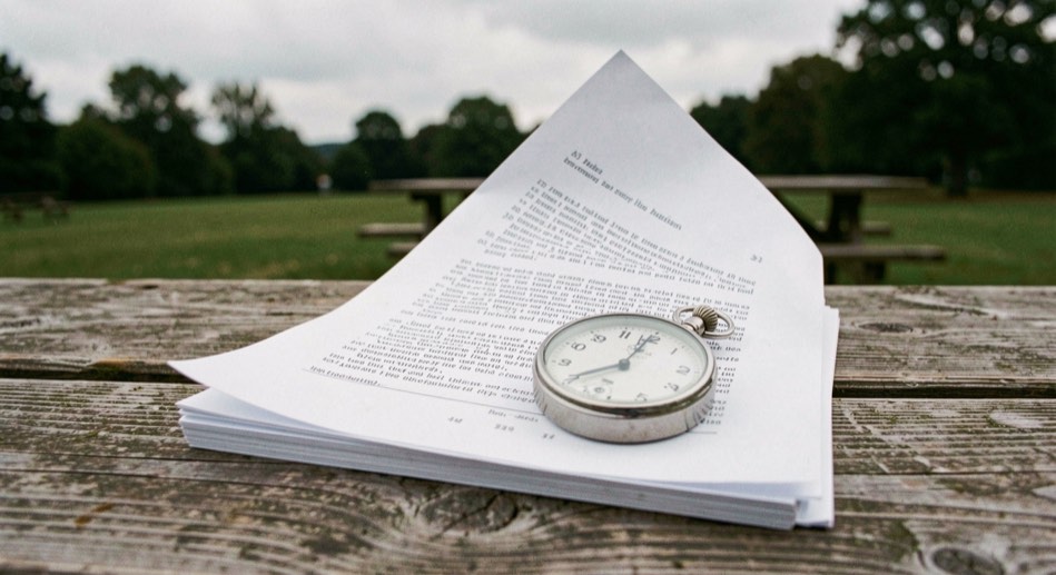A stapled sheet of typed columns weighted down by a stopwatch on a picnic table, wind lifting one corner under an overcast sky