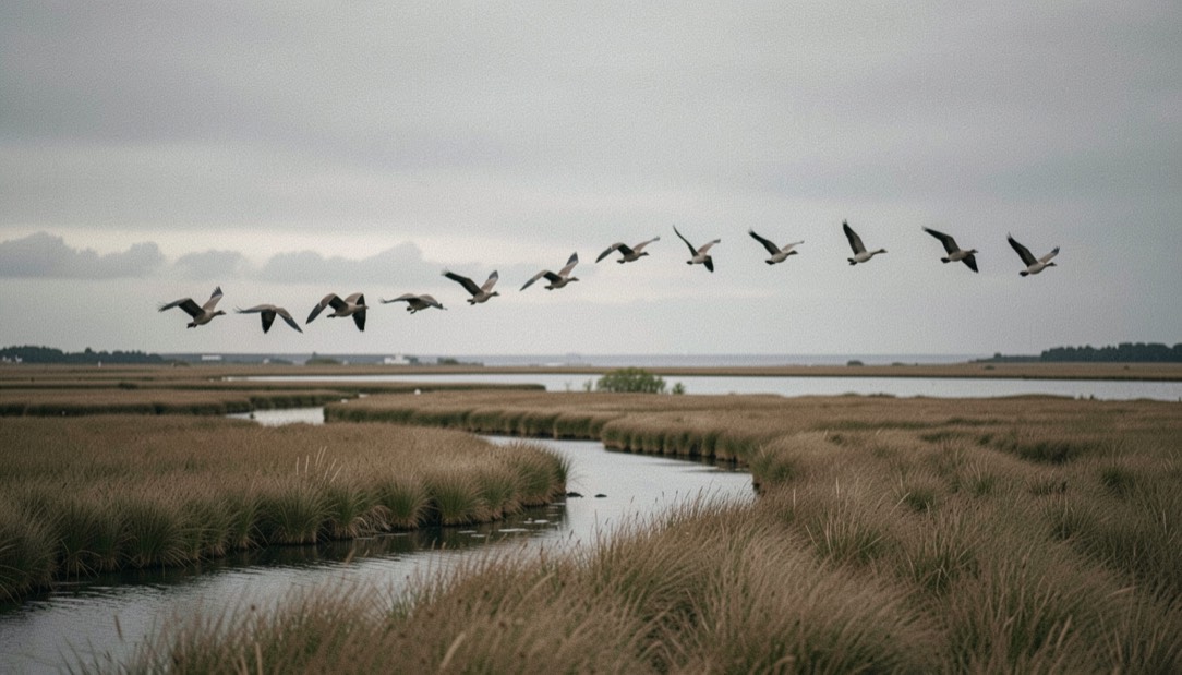 A skein of geese crossing a gray coastal sky above a salt marsh, tide channels shining between the bent grass