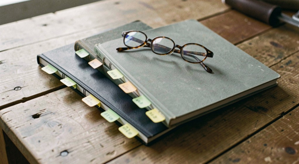 Three stapled rulebooks fanned out on a plank table with sticky tabs along their edges and reading glasses folded on top