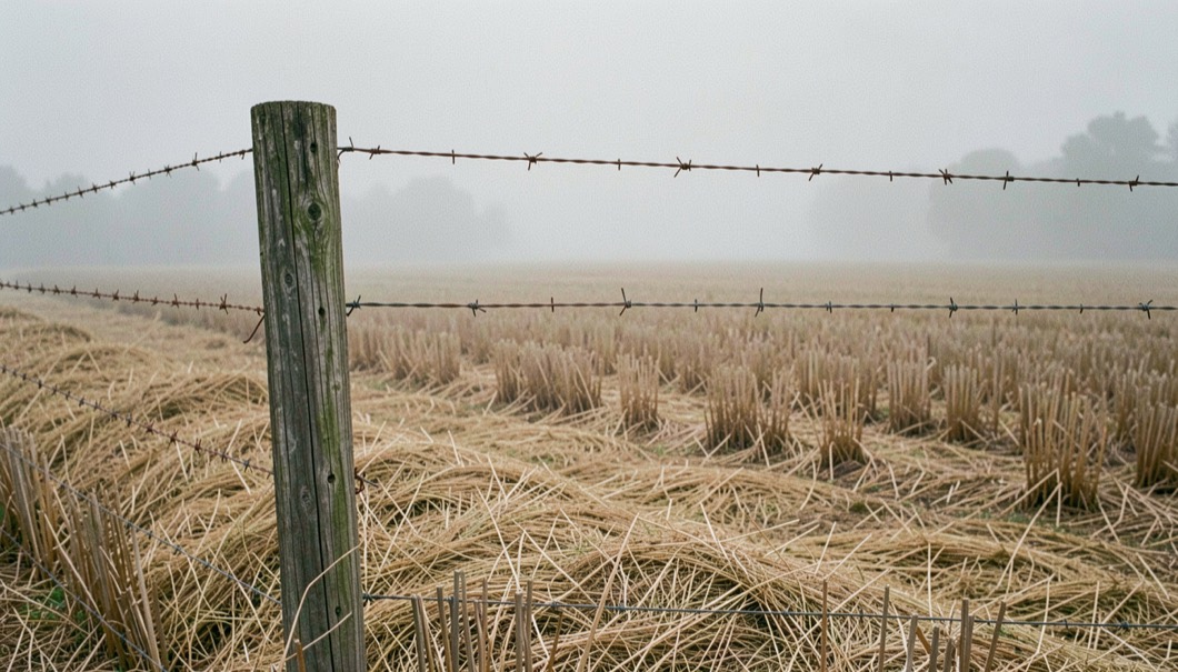 A weathered fence post at the corner of a cut hayfield with two strands of wire running off into low mist over the stubble