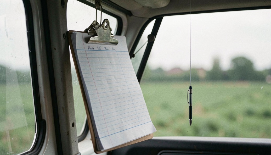 A clipboard of ruled columns clipped to an open truck window, a ballpoint hanging from a string and a blurred green field beyond