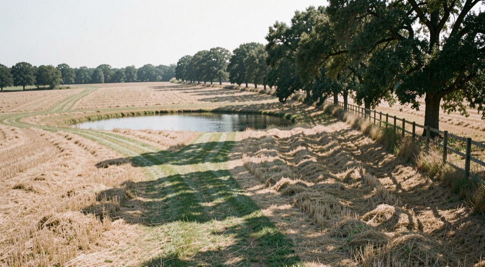 Mown lanes converging on a pond in a cut hayfield, a fence line of oaks casting long shadows across the stubble