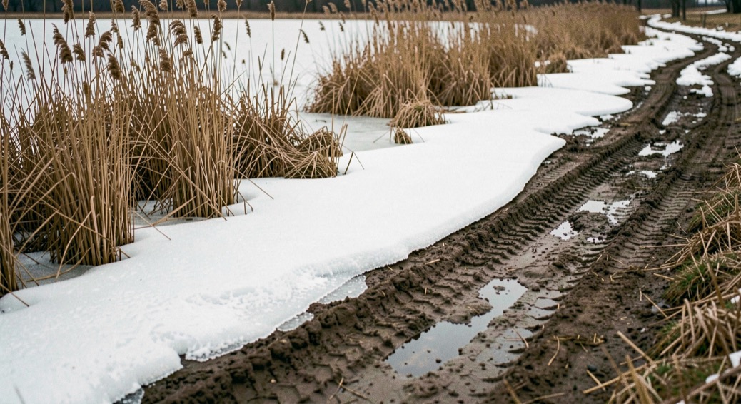 A frozen pond edge in late March with granular ice pulling back from brown reeds, tire ruts cut into the mud of a farm track