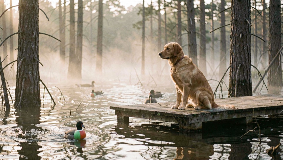 A retriever sitting on a wooden platform in flooded timber at dawn, decoys riding the ripples and mist hanging between the trunks