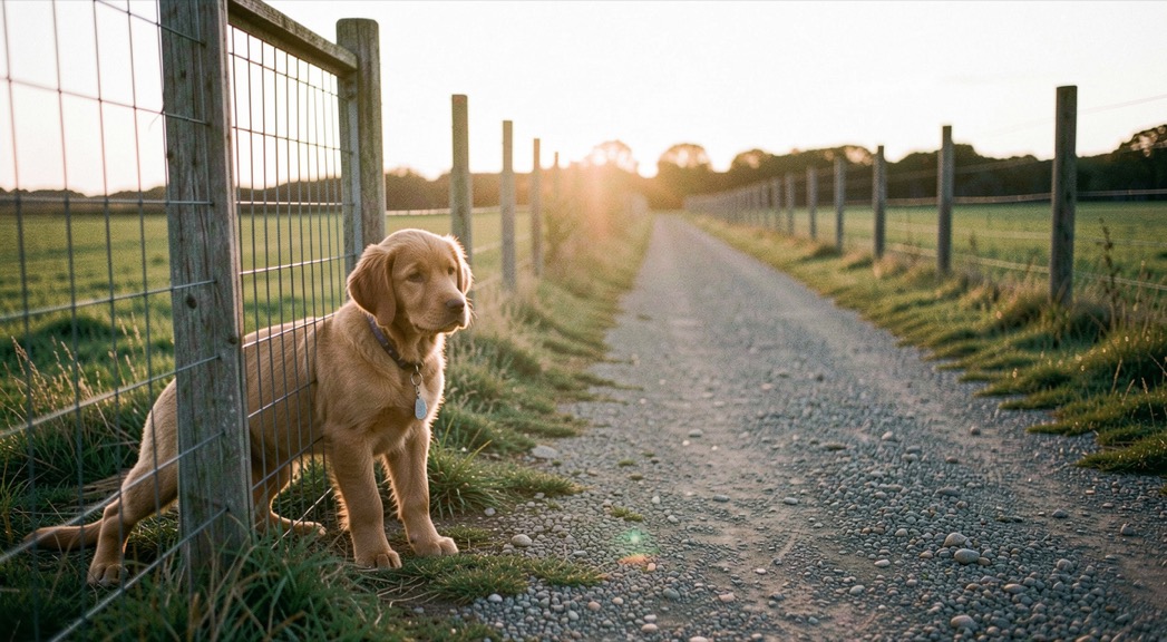 A young retriever waiting at a wire gate, a gravel path leading into a mown field and low sun behind the fence posts